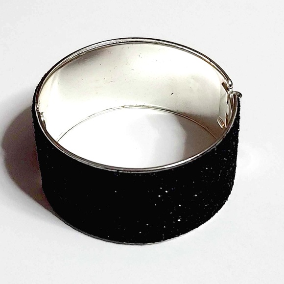 Silver Plated Jet Black Sparkle Spring Open Cuff Bracelet - Picture 10 of 10